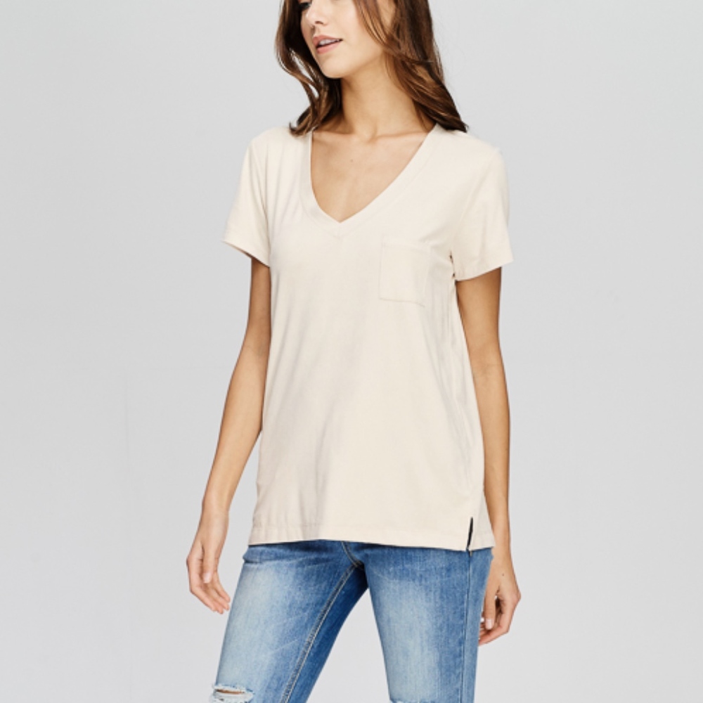 NWT Faux Suede Cream Short Sleeve V-neck Top
